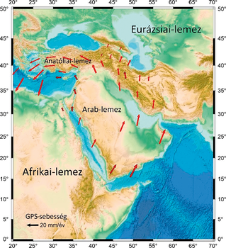 Földkéreg lemezeinek mozgása a Közel-Keleten Földkéreg lemezeinek mozgása a Közel-Keleten, GPS sebességgel jelölve, Eurázsiai, Anatóliai, Arab és Afrikai lemezek.