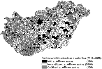Magyarország ATM változása 2014-2018 Térkép Magyarországról, amely az ATM-ek számának változását mutatja 2014 és 2018 között.