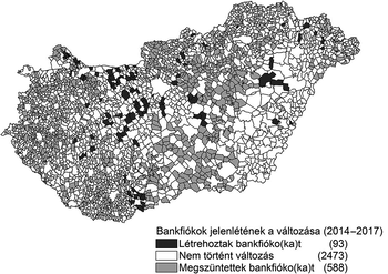 Magyarország bankfiókjainak változása 2014-2017 között Térkép Magyarország bankfiókjainak változásairól 2014-2017 között, jelmagyarázattal.
