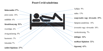 Poszt-Covid-szindróma tünetei és előfordulásuk százalékos aránya Poszt-Covid-szindróma tünetei: látásromlás, piros szem, szédülés, fáradékonyság, izomfájás, étvágytalanság, hasmenés, bőrsebek, ízületi fájdalom, fejfájás, nátha, szagvesztés, Sjögren-szindróma, ízvesztés, torokszárazság, köhögés, mellkasi fájdalom, légszomj.