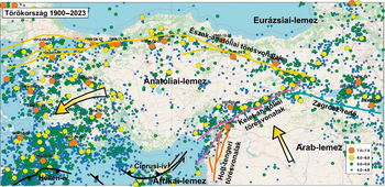 Törökország földrengései 1900-2023 között Térkép Törökország földrengéseiről 1900-2023 között, magnitúdókkal és törésvonalakkal.